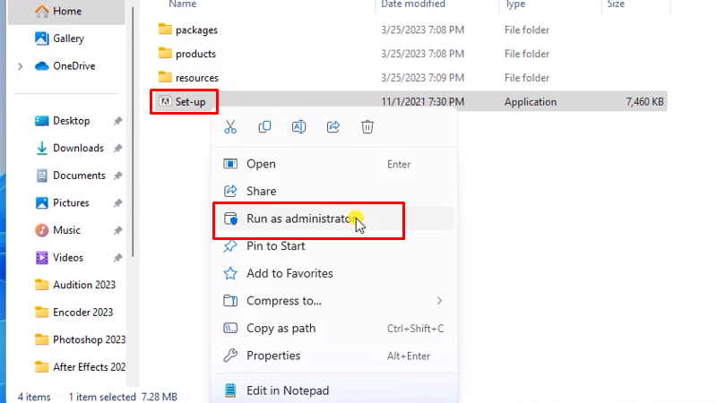 Chuột phải file setup chọn run as admin