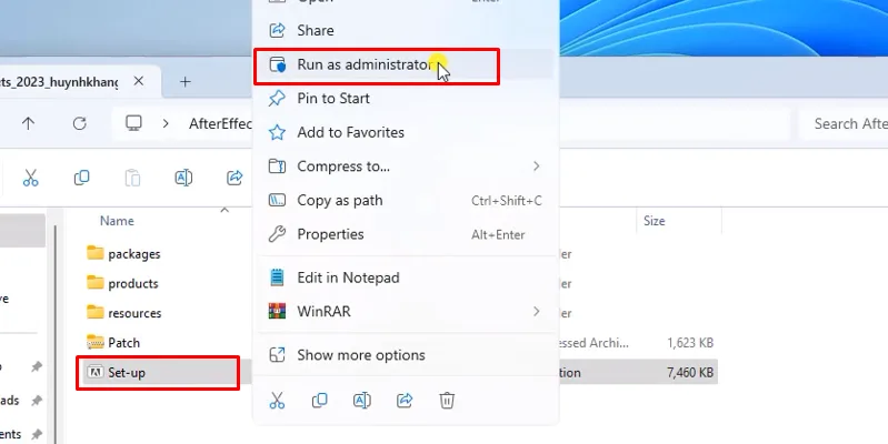 Chuột phải file setup chọn run as admin