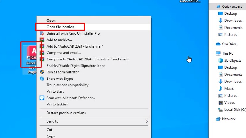 Chuột phải Autocad 2024 chọn open file location