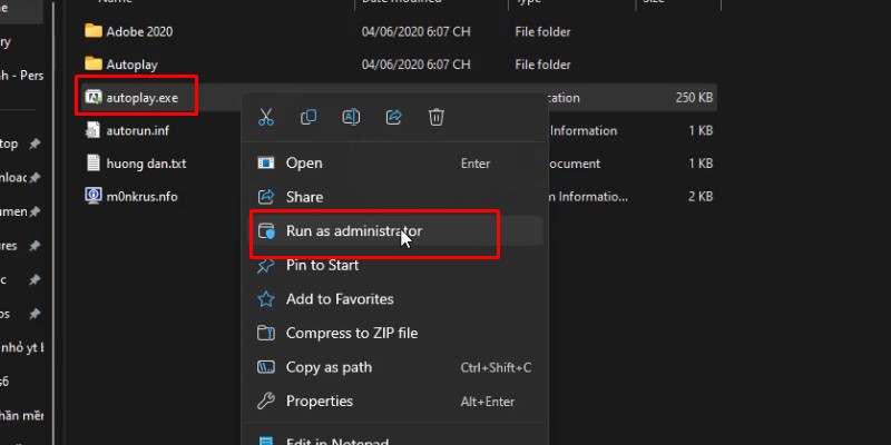 chuột phải vào autoplay.exe và chọn run as admin