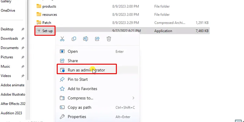 chuột phải file setup và chọn run as admin