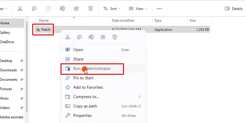 chuột phải file patch và chọn run as admin