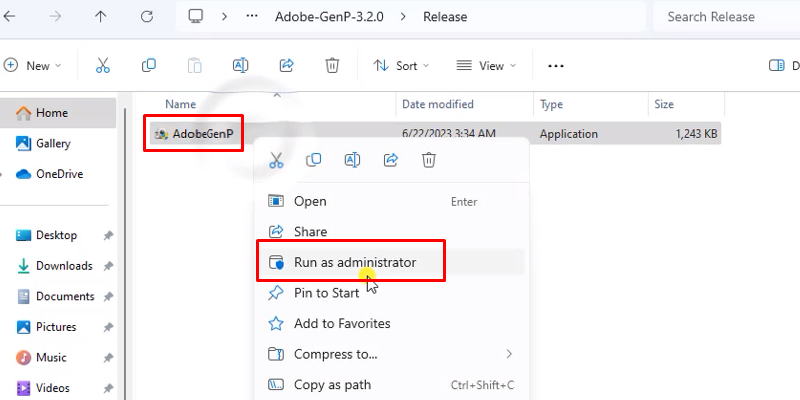 chuột phải file adobeGenp và chọn Run As Admin