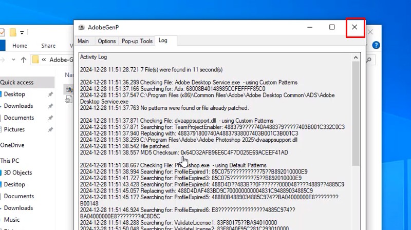 Bấm X hoàn thành cài đặt và kích hoặt dùng thử photoshop 2025