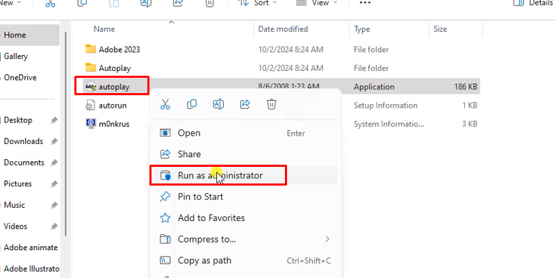chuột phải file autoplay chọn run as admin