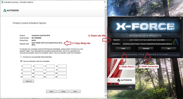 Chạy file "xf-adsk2019" dưới quyền admin, sao chép Request code và Patch
