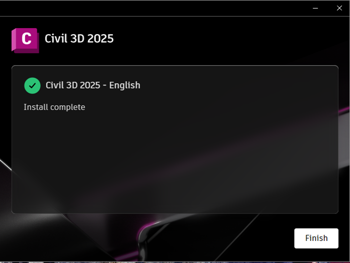 Nhấn "Finish" để hoàn tất quá trình cài đặt Civil 3D